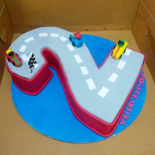 2 Number Car Race Fondant Cake